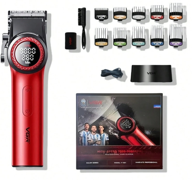 VGR 001 Professionelle Haarschneidemaschinen für Männer, schnurlose Friseurschneidemaschinen für das Haarschneiden, Carbon Steel Blade Haarschneidemaschinen für Friseure, 9000RPM, LED Display, Rot